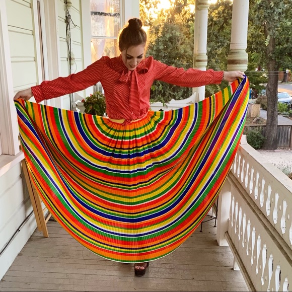 Vintage Dresses & Skirts - Vintage Rainbow Bright Striped Pleated Maxi Skirt